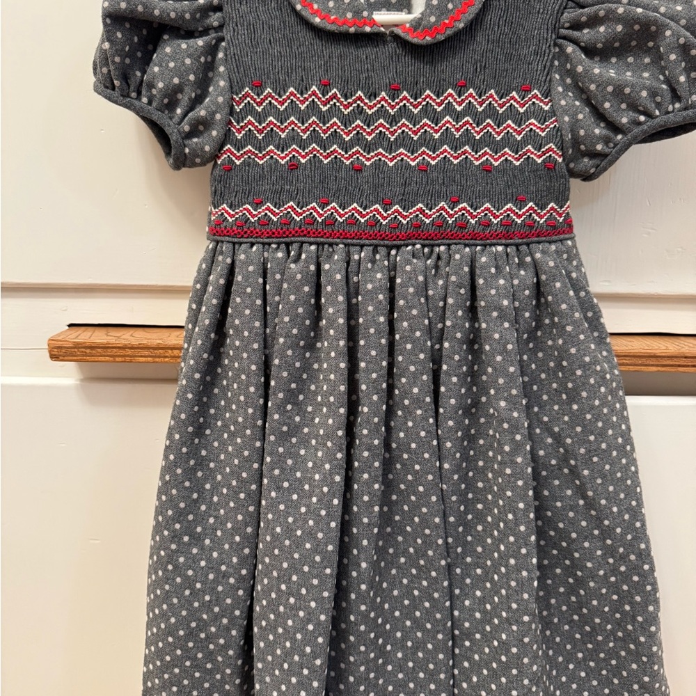 Gray and Red Kids Dress with smocking detail.